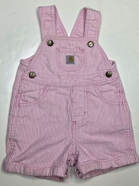 Carhartt Baby 9M Railroad Stripe Overalls Shortall Cotton Snap Pink White Retro